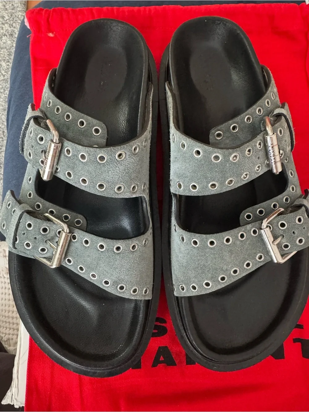 Isabel Marant Lennya Platform Light Blue Suede Double-Buckle Platform Sandals